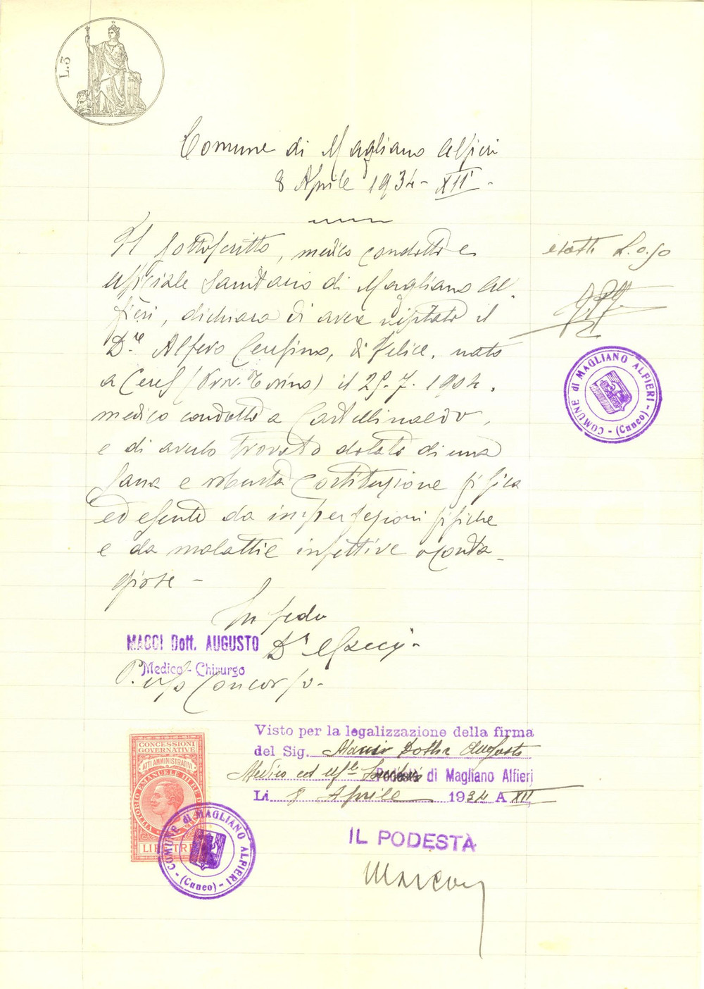 Documento originale, autentico 1934 MAGLIANO ALFIERI (CN) Certificato sana costituzione Alfero CERESINO 1