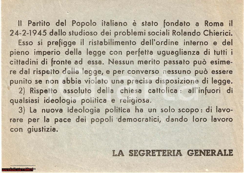 Materiale pubblicitario d’epoca 1945 WW2 Propaganda PARTITO DEL POPOLO ITALIANO 1