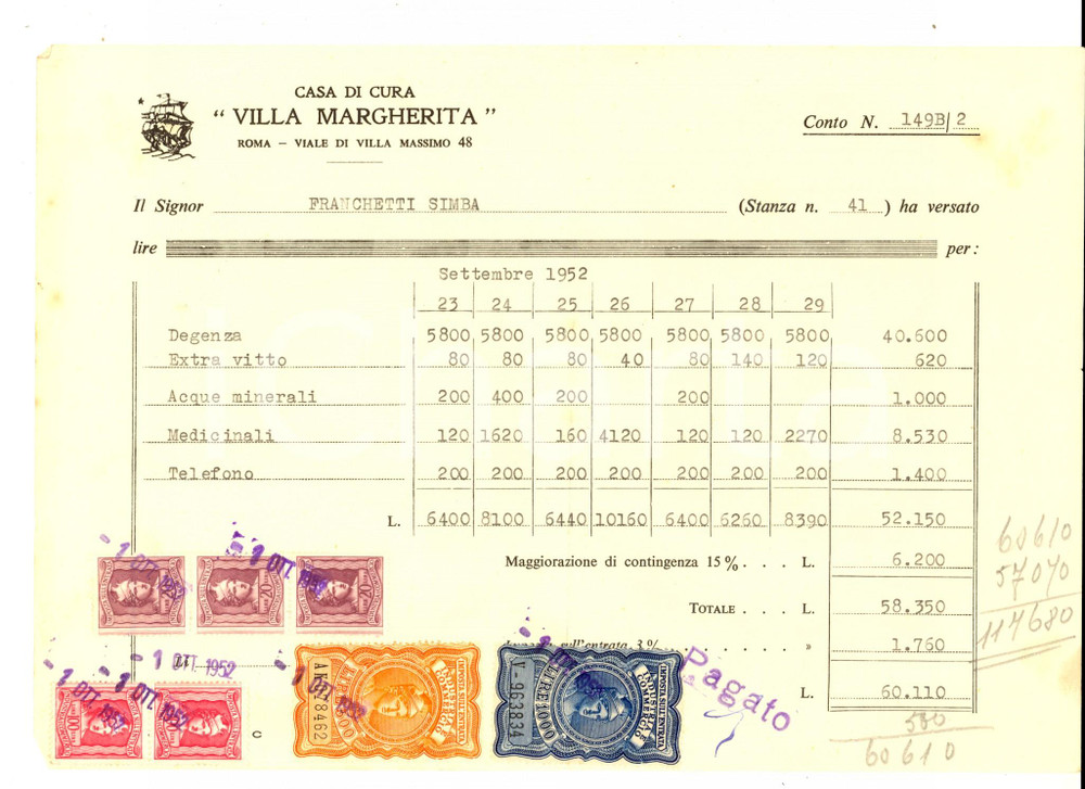 Manoscritto, lettera originale 1952 ROMA Casa di Cura VILLA MARGHERITA Conto per degenza paziente con bolli 1