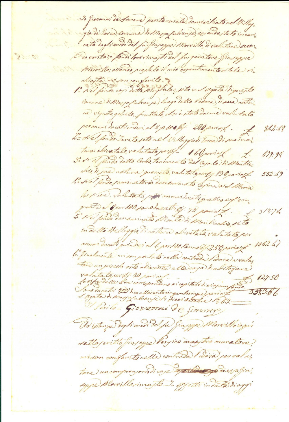 Documento originale, autentico 1863 MASSA LUBRENSE NA Perizia di Giovanni DE SIMONE su proprietÃ  MORVILLO 1