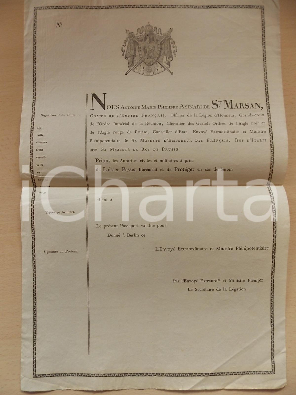 Documento originale, autentico 1810 ca BERLINO AMBASCIATA FRANCESE Lasciapassare NON COMPILATO 25x40 cm 1