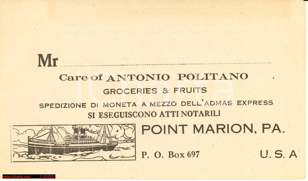Oggetto da collezione cartaceo 1940ca POINT MARION  Antonio Politano Groceries & Fruits  Atti notarili  BUSTA 1