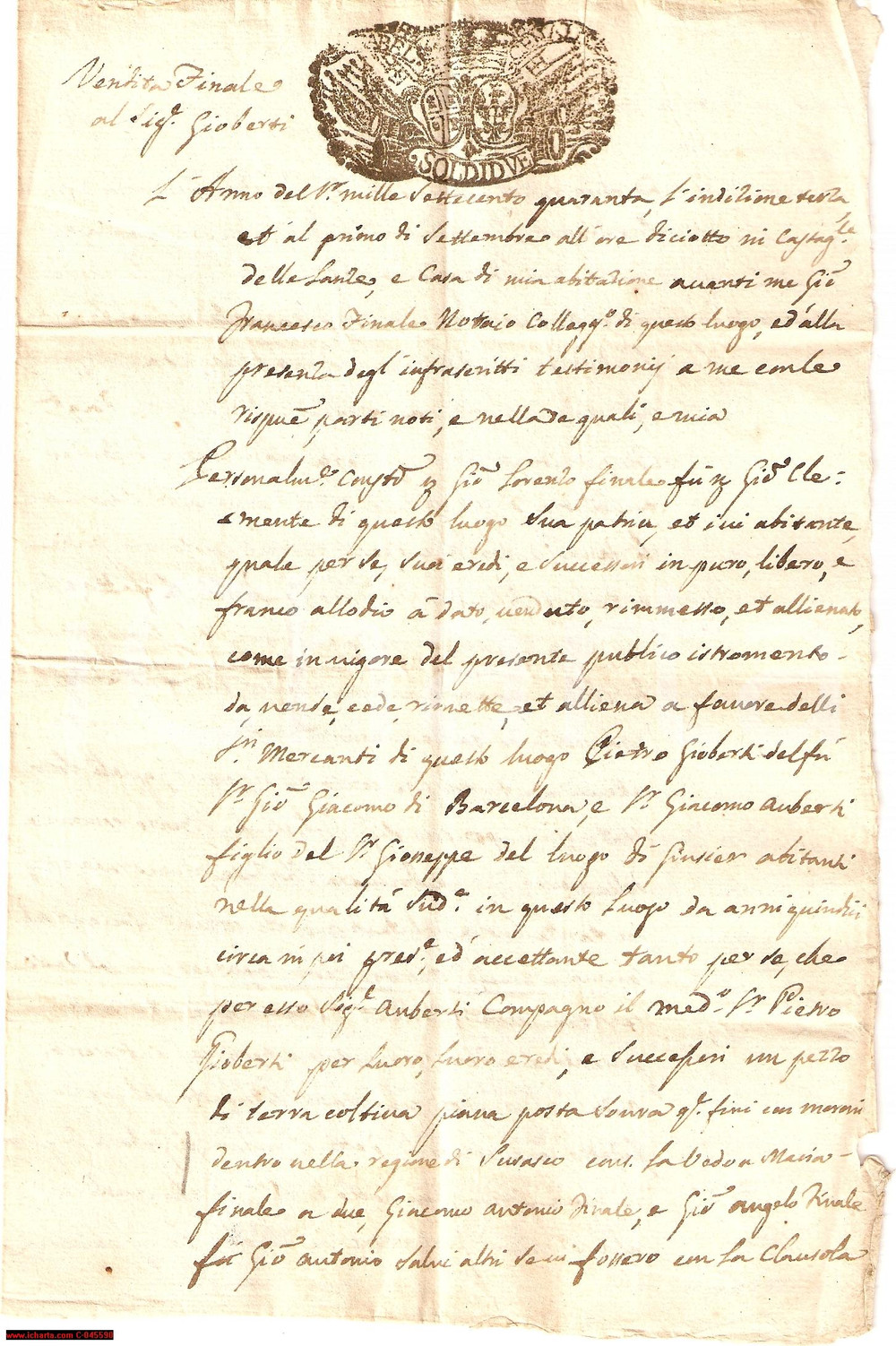Documento originale, autentico 1740 CASTAGNOLE DELLE LANZE (AT) Vendita di castagneto 1