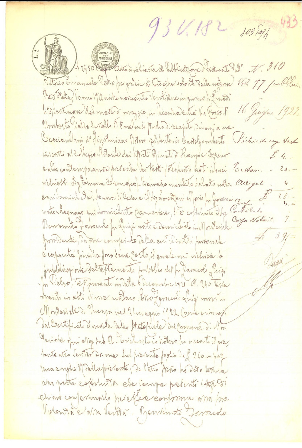 Documento originale, autentico 1922 MONTEVIALE (VI) Testamento Luigi ZAROCCOLO a favore dei figli *Manoscritto 1