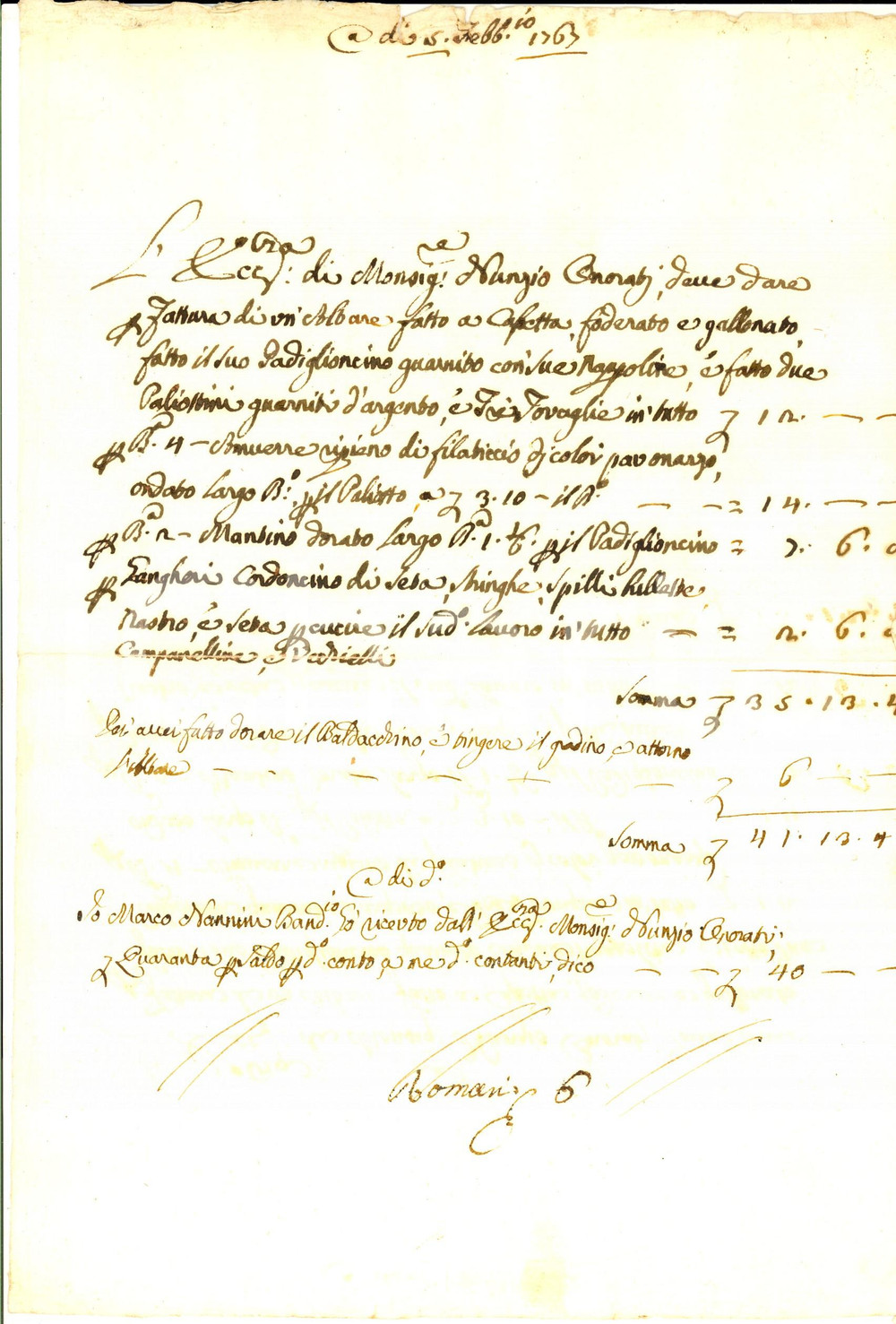 Documento originale, autentico 1763 VENEZIA Conto Marco NANNINI per altare foderato con padiglioncino 1