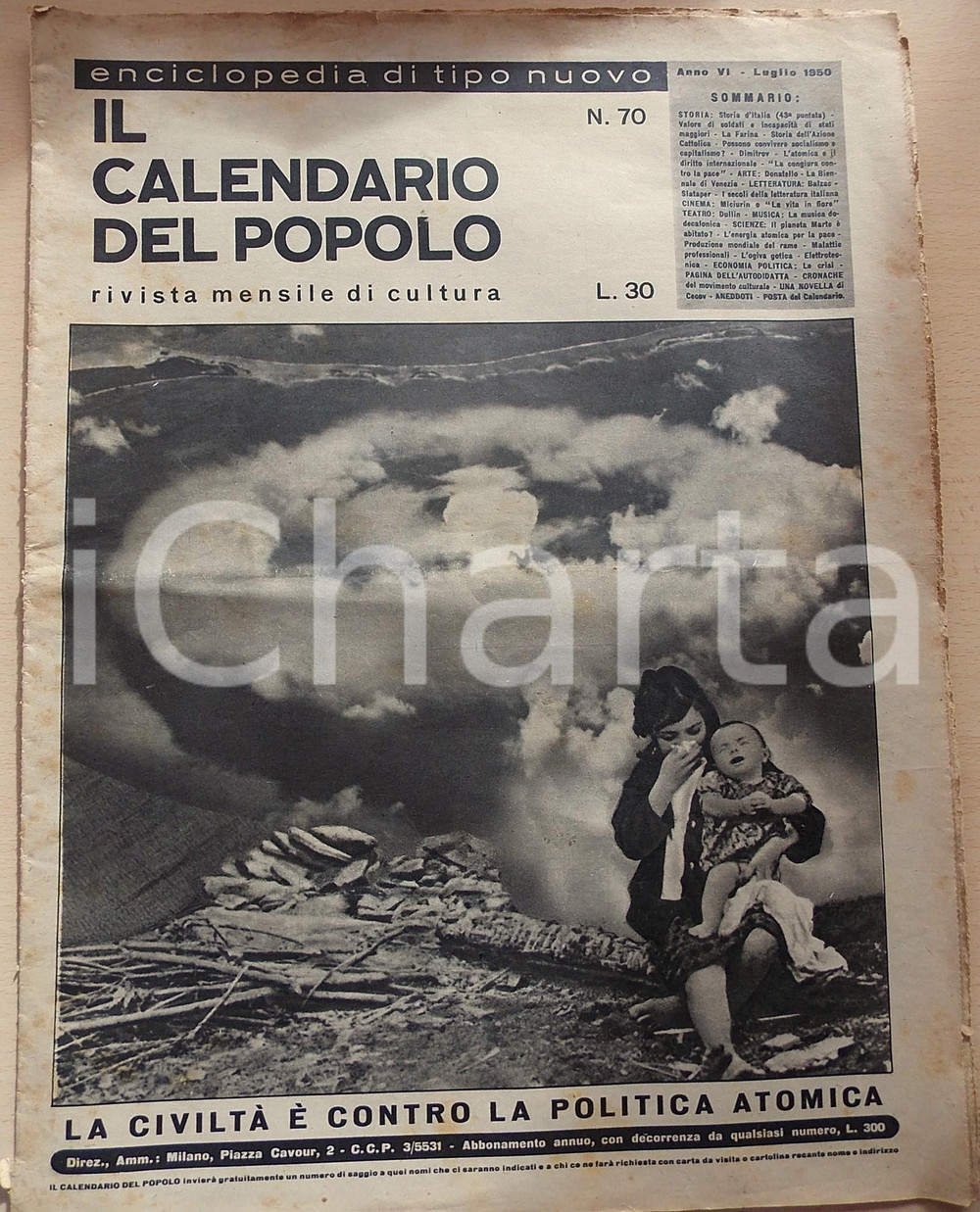 Giornale, rivista storica 1950 IL CALENDARIO DEL POPOLO La civiltà contro la bomba atomica Anno VI nÂ° 70 1