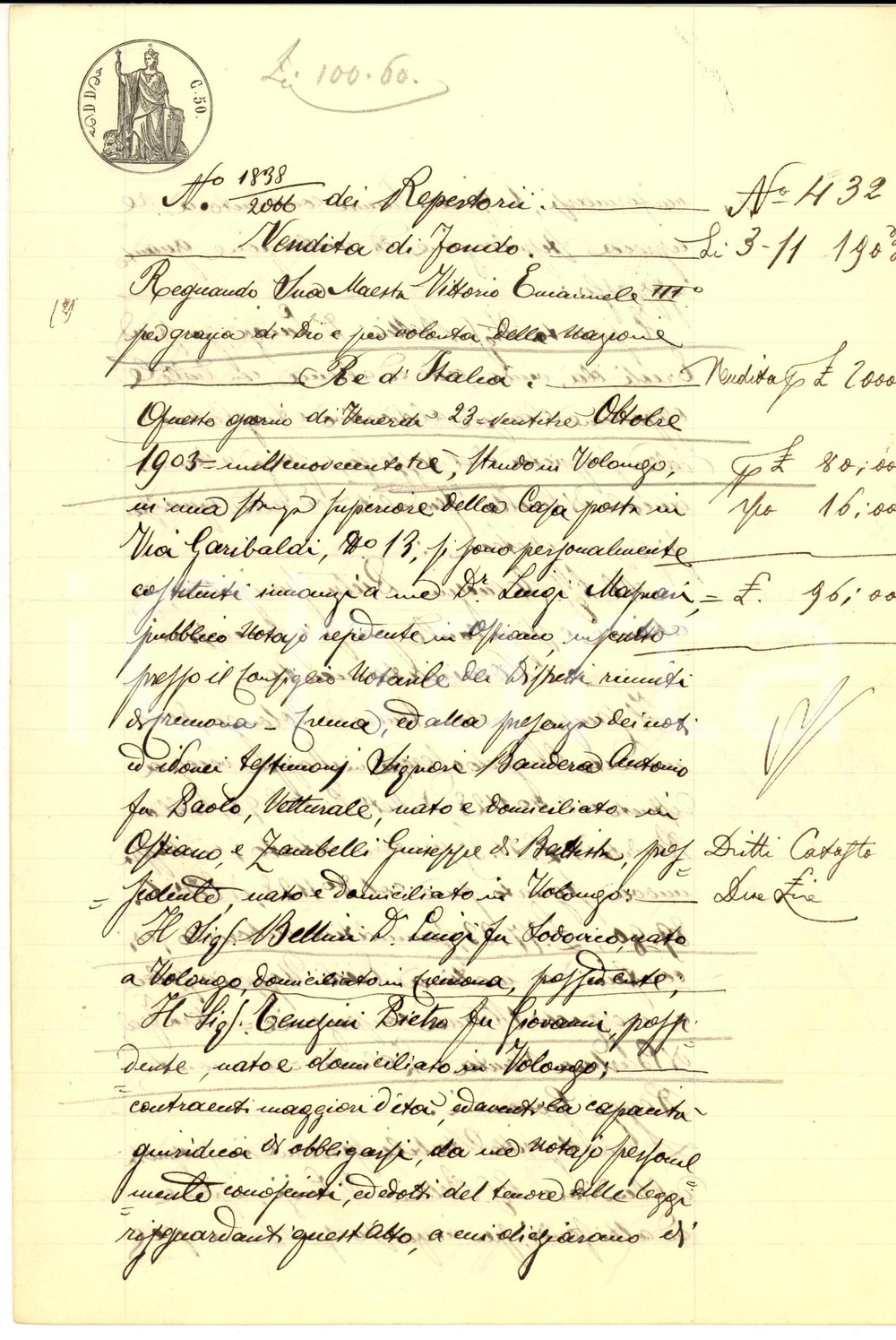 Documento originale, autentico 1903 VOLONGO CR Don Luigi BELLINI vende campo BRUGNETO a Pietro TENGINI 1