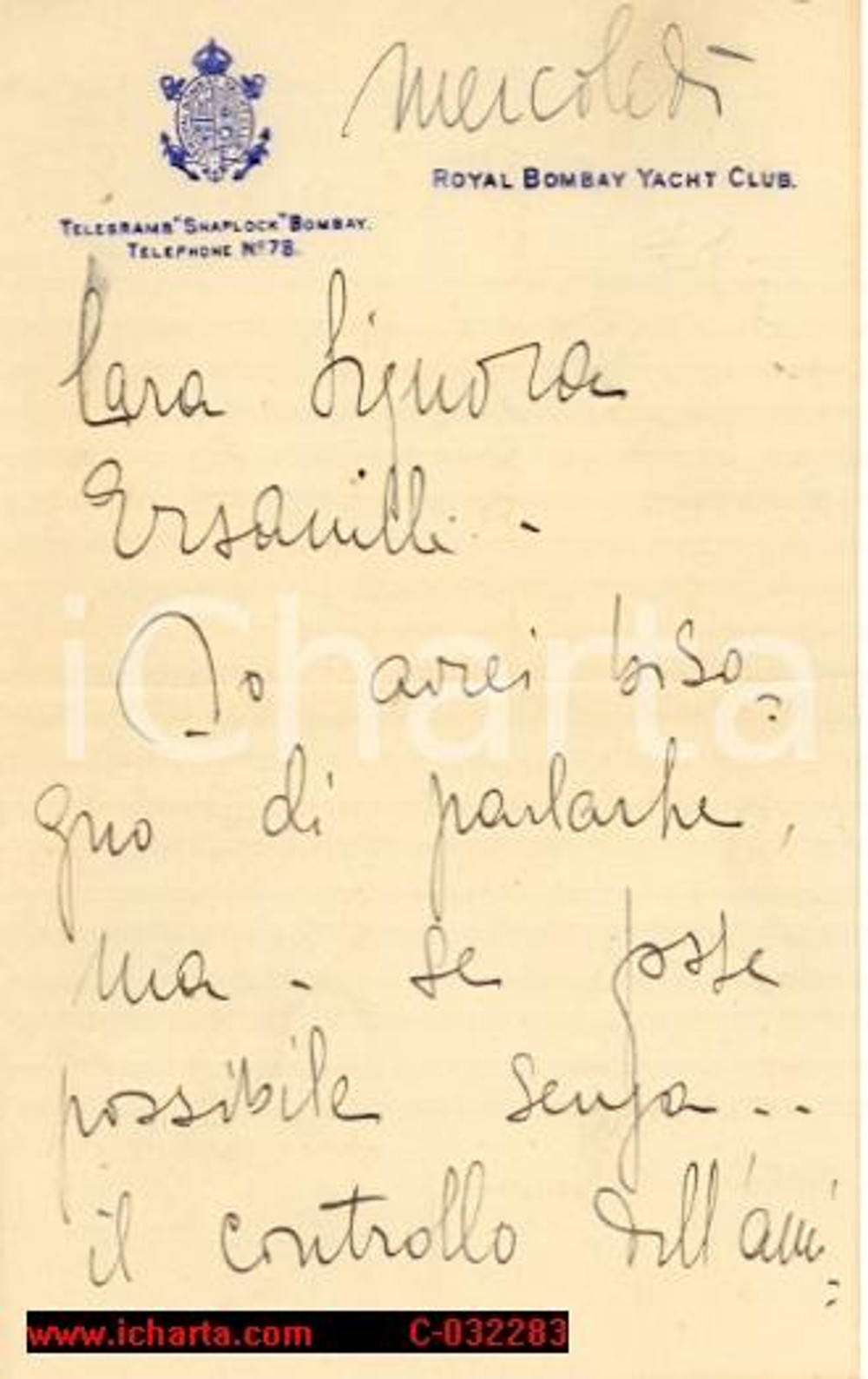 Manoscritto, lettera originale 1910 ROYAL BOMBAY YACHT CLUB incontro segreto 1