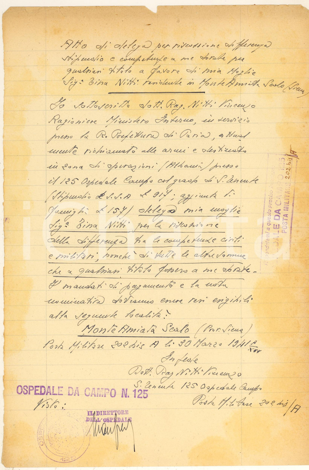 Documento originale, autentico 1941 WW2 MONTE AMIATA Ospedale da Campo 125 - Delega Vincenzo Nitti 1