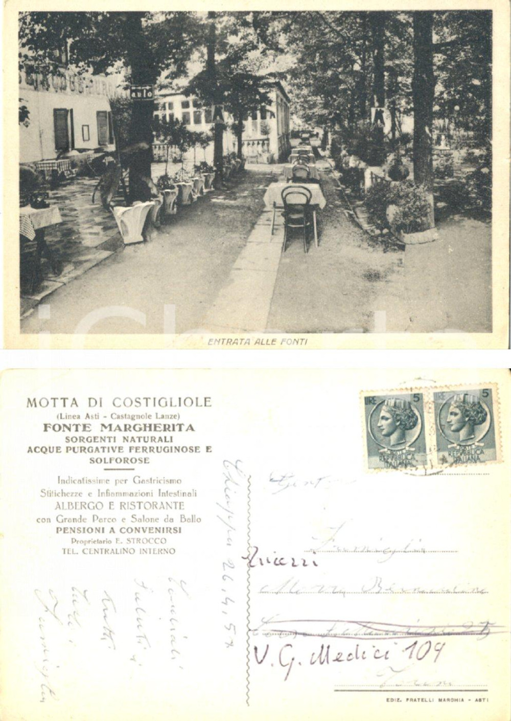 Cartolina originale da collezione 1957 COSTIGLIOLE D'ASTI (AT) Entrata alle Fonti MARGHERITA frazione MOTTA  FG VG 1