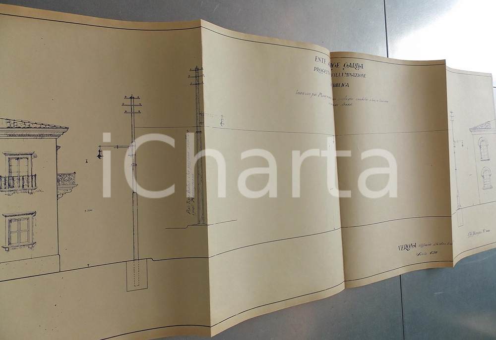 Stampa, bozzetto originale 1930 ca E.A.G. ENTE ADIGEGARDA Progetto d illuminazione pubblica 82x33 cm 1