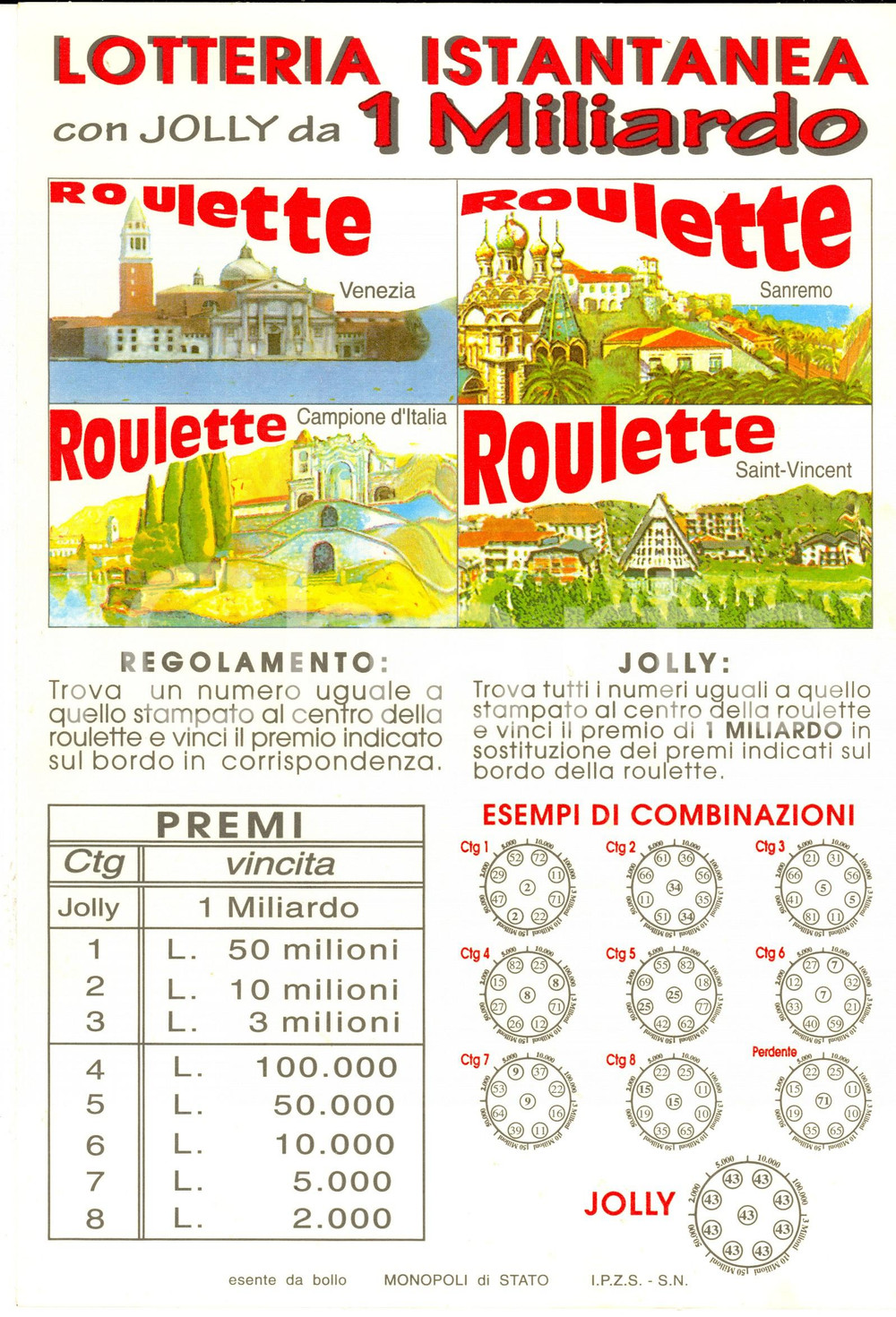 Oggetto da collezione cartaceo 1996 MONOPOLI DI STATO Lotteria istantanea jolly 1 miliardo Manifestino 20x30 3 1