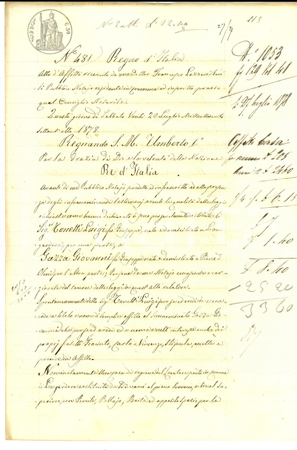 Documento originale, autentico 1878 LONGARDORE CR Luigi TONETTI affitta casa con pollaio a Giovanni GAZZA 1