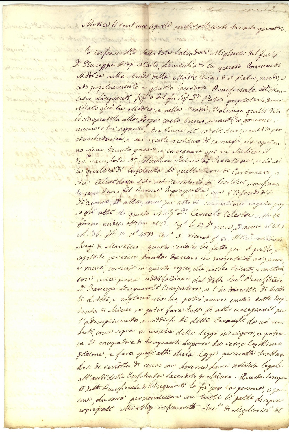 Documento originale, autentico 1834 MODICA RG Don Salvatore MIGLIORINI cede censo a don Francesco LIUPRANDI 1