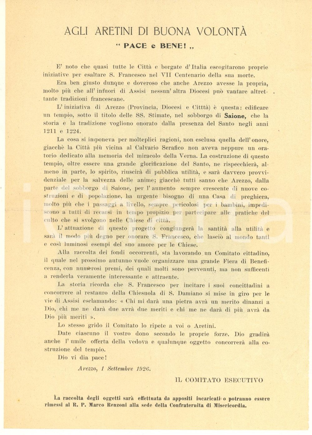Documento originale, autentico 1926 AREZZO SAIONE Fiera di beneficenza pro chiesa SS. STIMATE Volantino 1