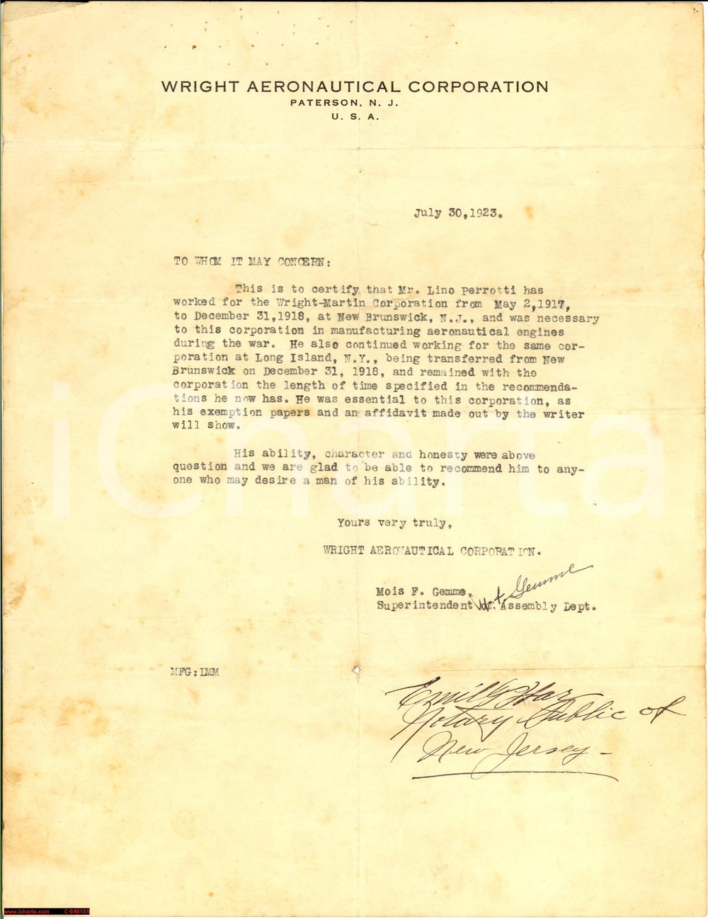 Manoscritto, lettera originale 1923 WRIGHT AERONAUTICAL Lino PERROTTI aviazione guerra 1