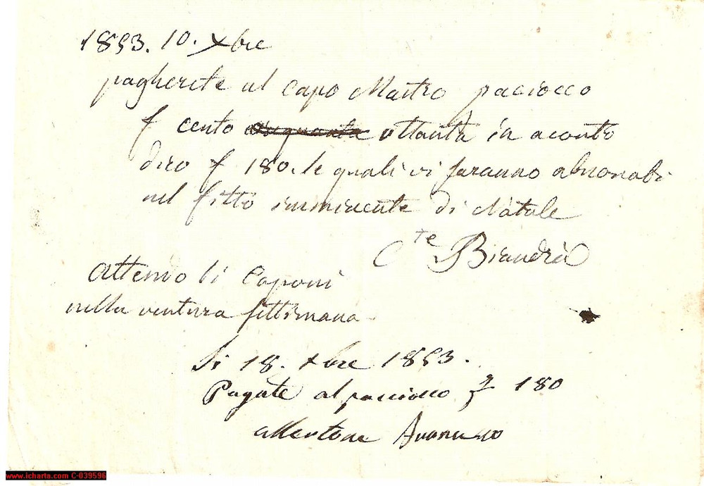 Documento originale, autentico 1853 TORINO Capponi natalizi conte BIANDRA' DI REAGLIE 1
