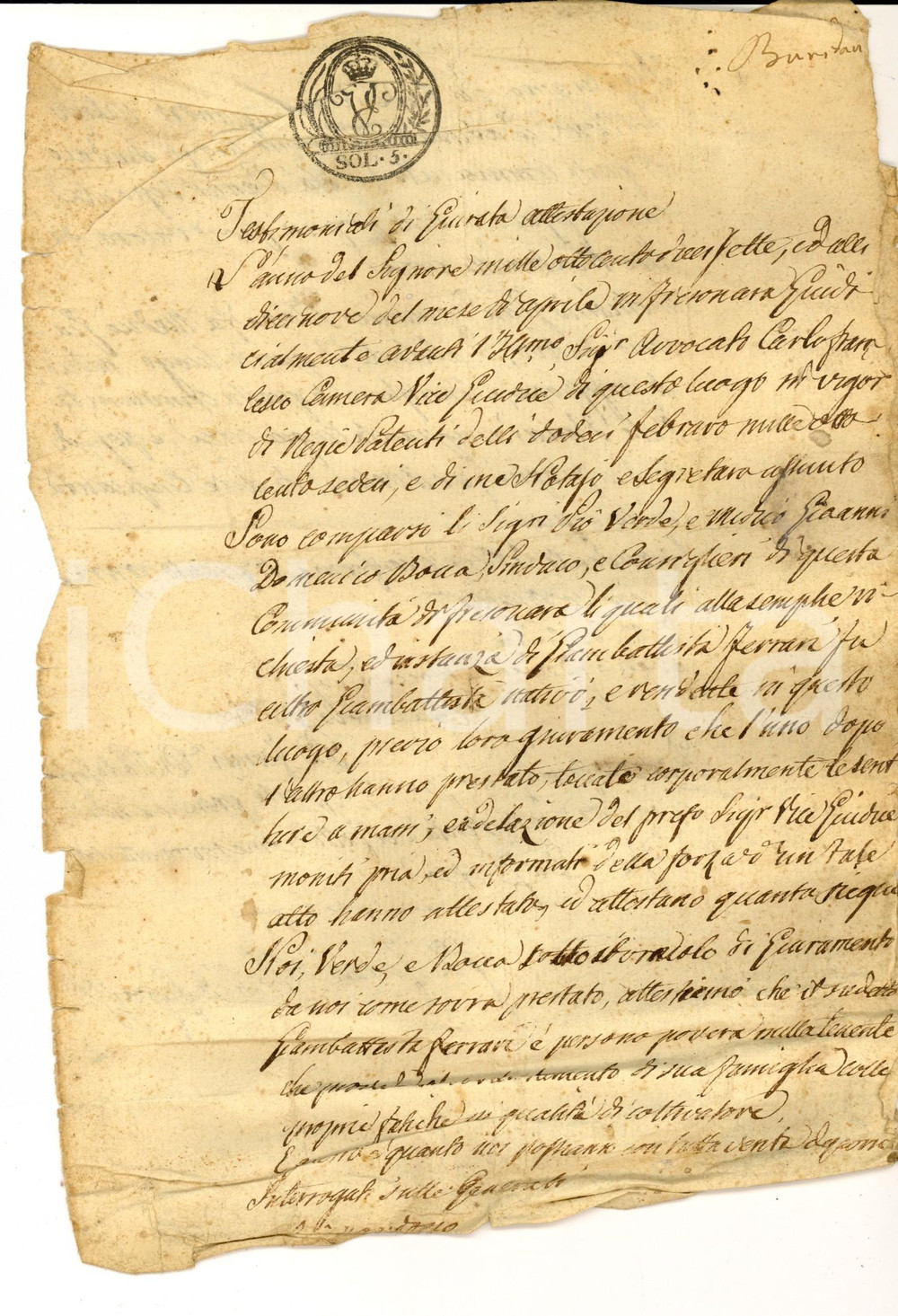 Documento originale, autentico 1817 FRESONARA (AL) Testimonianza su Giambattista FERRARI nullatenente 1