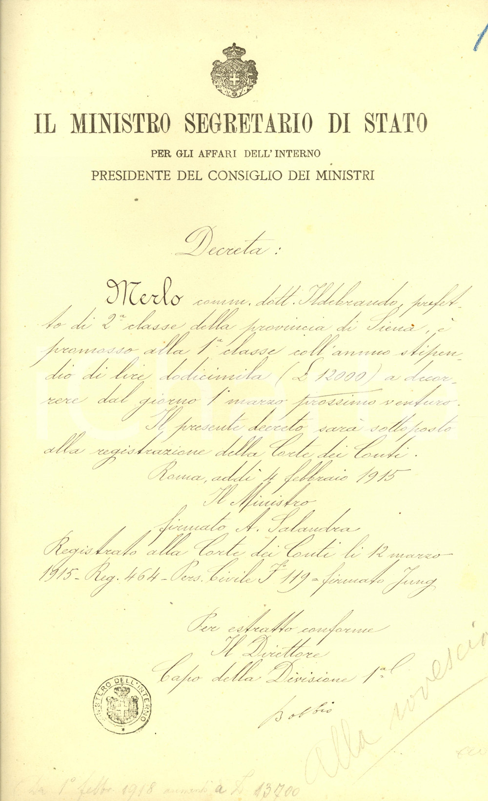 Documento originale, autentico 1915 SIENA Ildebrando MERLO nominato prefetto di prima classe *Decreto 1