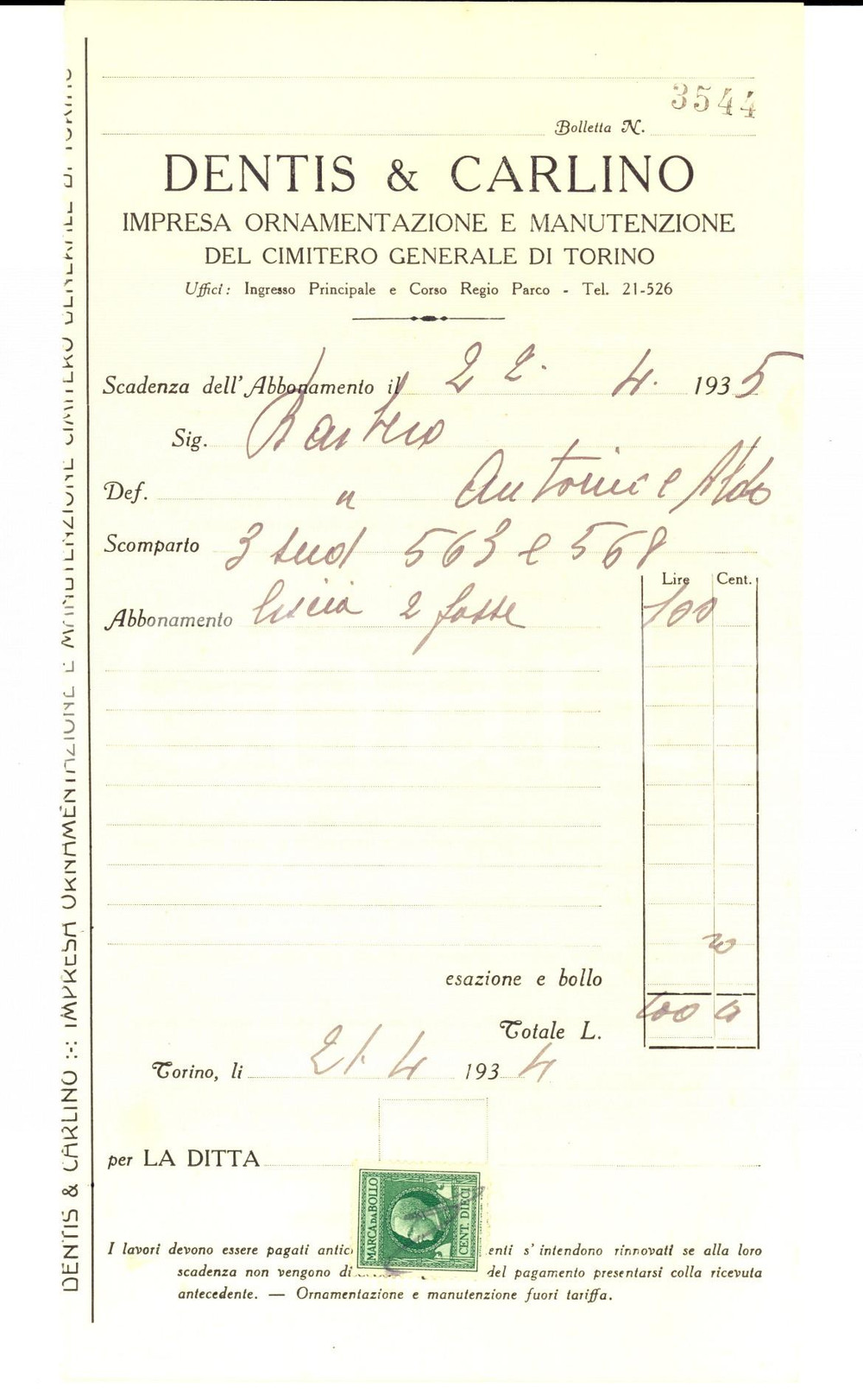Documento originale, autentico 1935 TORINO Cimitero  Abbonamento DENTIS & CARLINO per manutenzione tombe 1