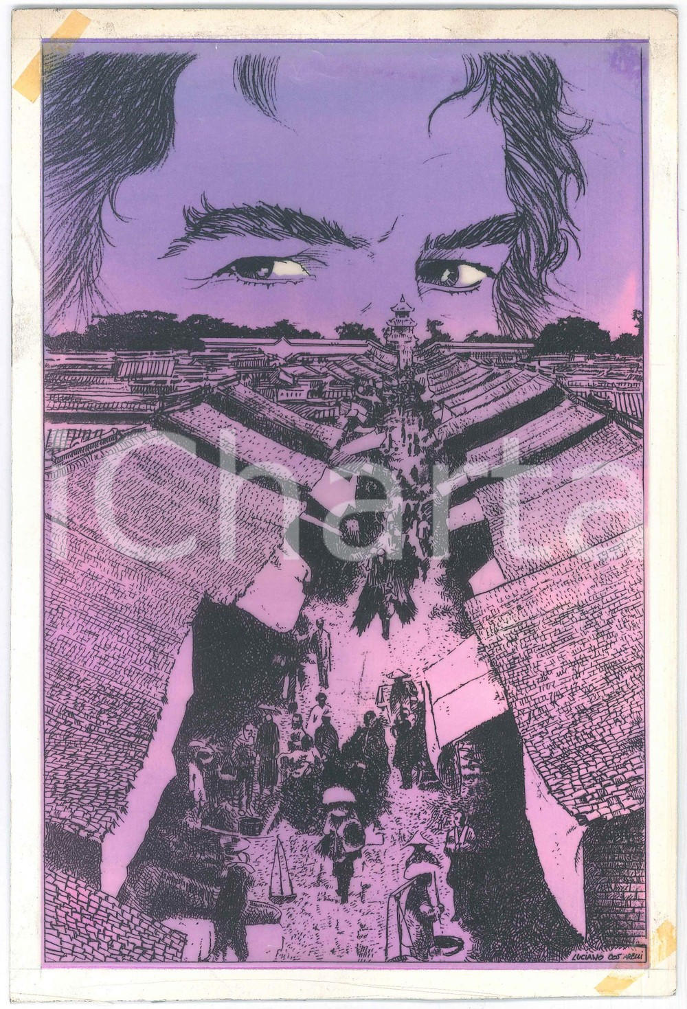 Stampa, bozzetto originale 2000 ca FUMETTI Luciano COSTARELLI  CittÃ  d Oriente  Tavola a china AUTOGRAFA 1