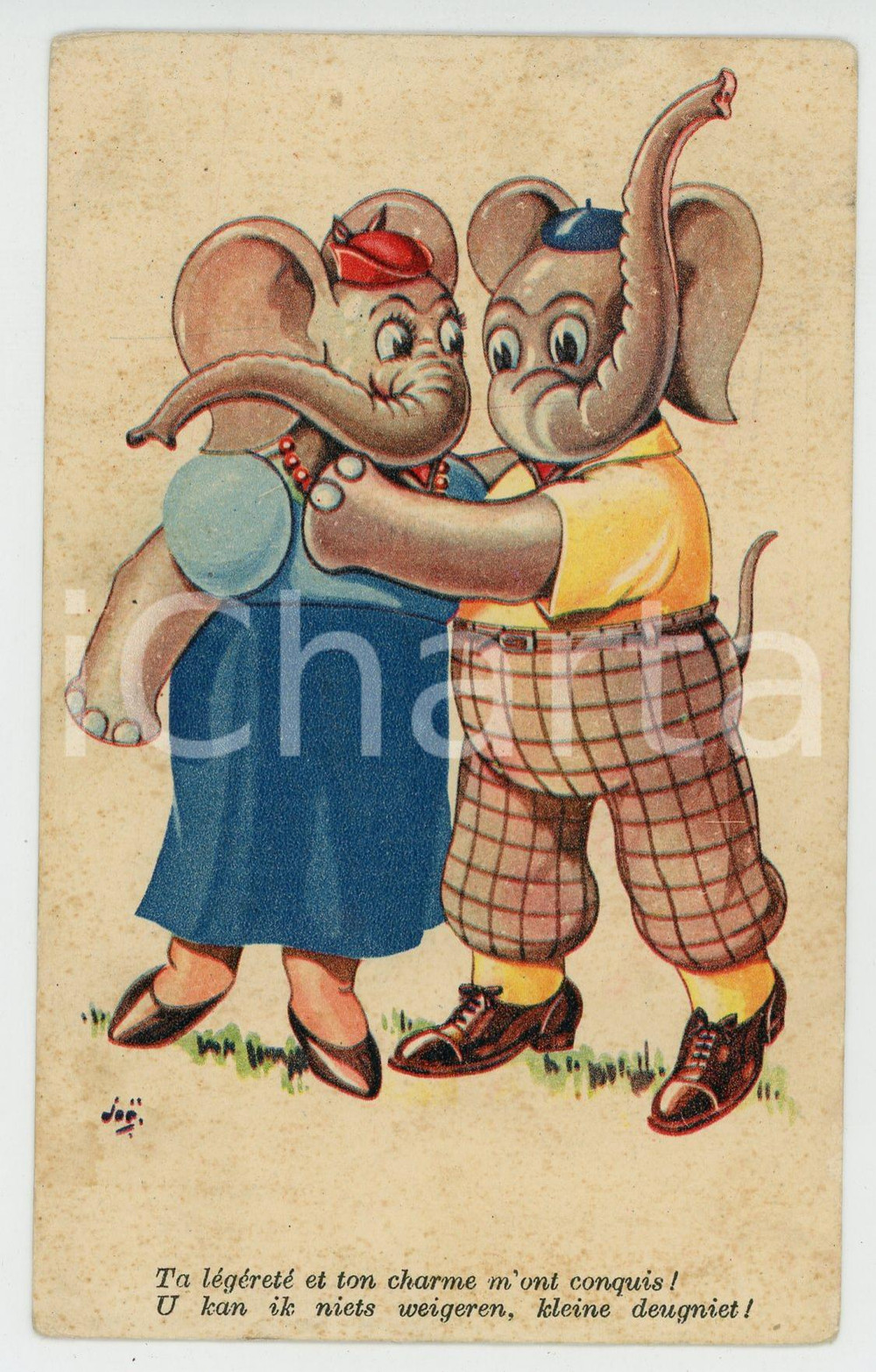 1936 ANIMALS Couple of elephants ANTHROPOMORPHIC Postcard FP VG  Cartolina postale d'epoca, viaggiata.CONDIZIONI: FAIR (bruniture diffuse)FORMATO: FP    originale e autentica 1