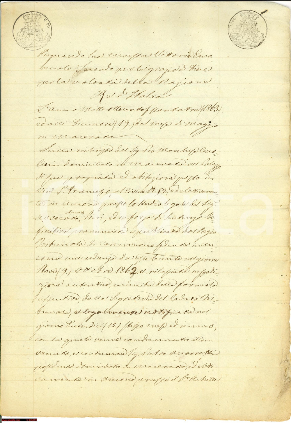 Documento originale, autentico 1863 MACERATA Condanna Pietro ACCORRETTI pro CICCOLINI 1