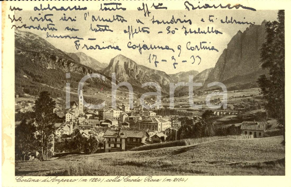 Cartolina originale da collezione 1933 CORTINA D'AMPEZZO (BI) Veduta paese con Cima CRODA ROSSA *Cartolina FP VG 1