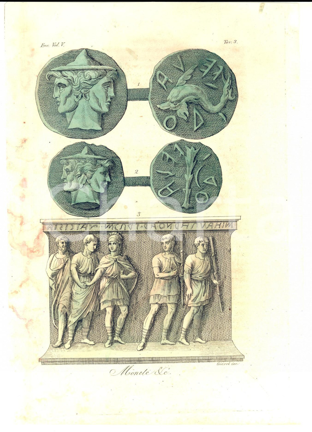 Stampa, bozzetto originale 1828 FERRARIO COSTUME EUROPA Monete Inc. GIARRE  Colorata a mano 1