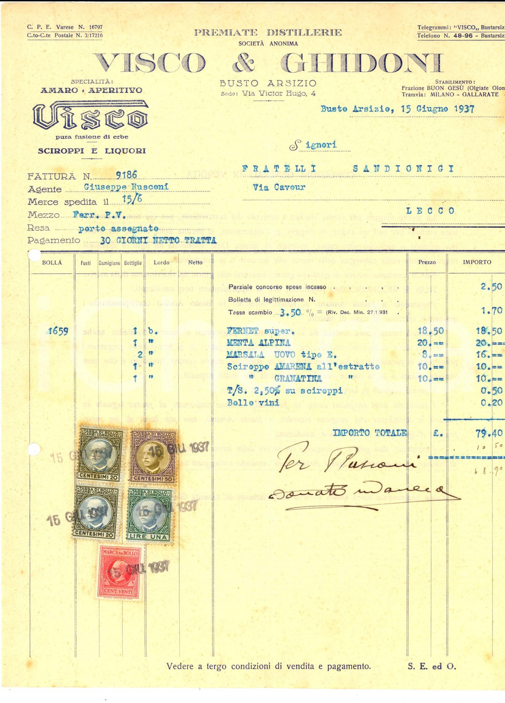 Documento originale, autentico 1937 BUSTO ARSIZIO VA Premiate distillerie VISCO & GHIDONI Fattura intestata 1