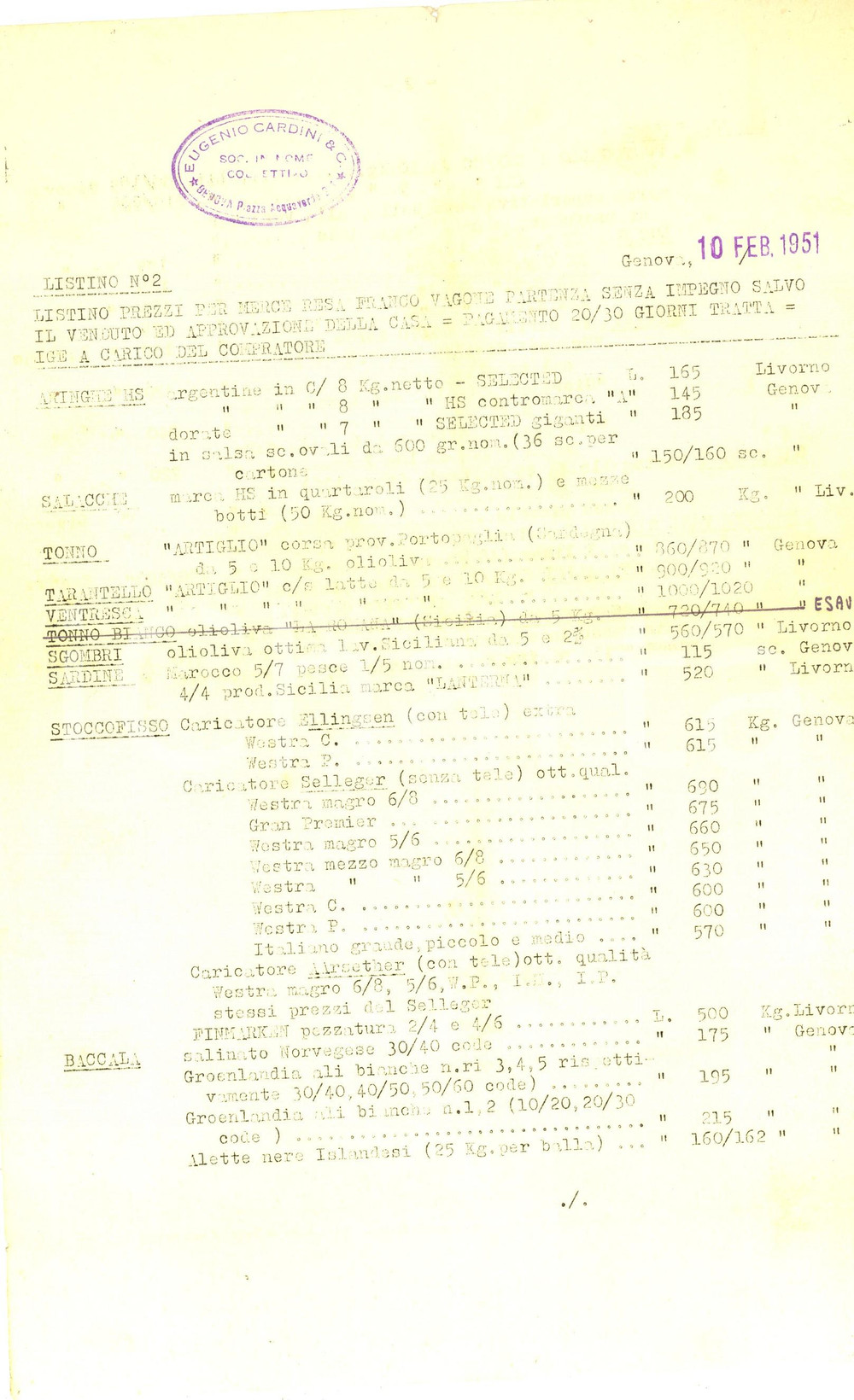 Documento originale, autentico 1951 GENOVA Ditta Eugenio CARDINI  Listino reso baccalÃ , stoccafisso e aringhe 1