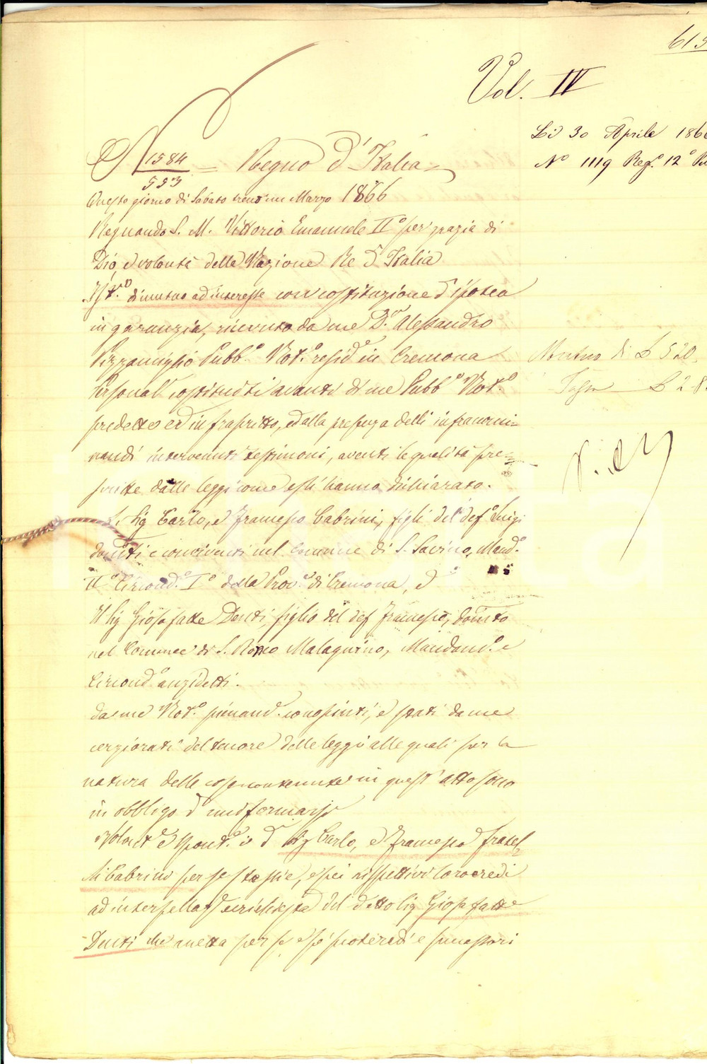 Documento originale, autentico 1866 SAN SAVINO/ CREMONA Prestito Carlo e Francesco CABRINI  Giosafatte DENTI 1