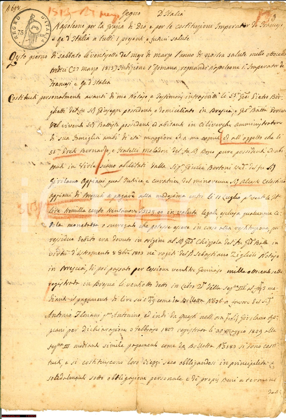 Documento originale, autentico 1813 BRESCIA REGNO D'ITALIA vedova Appiani TABELLIONATO 1