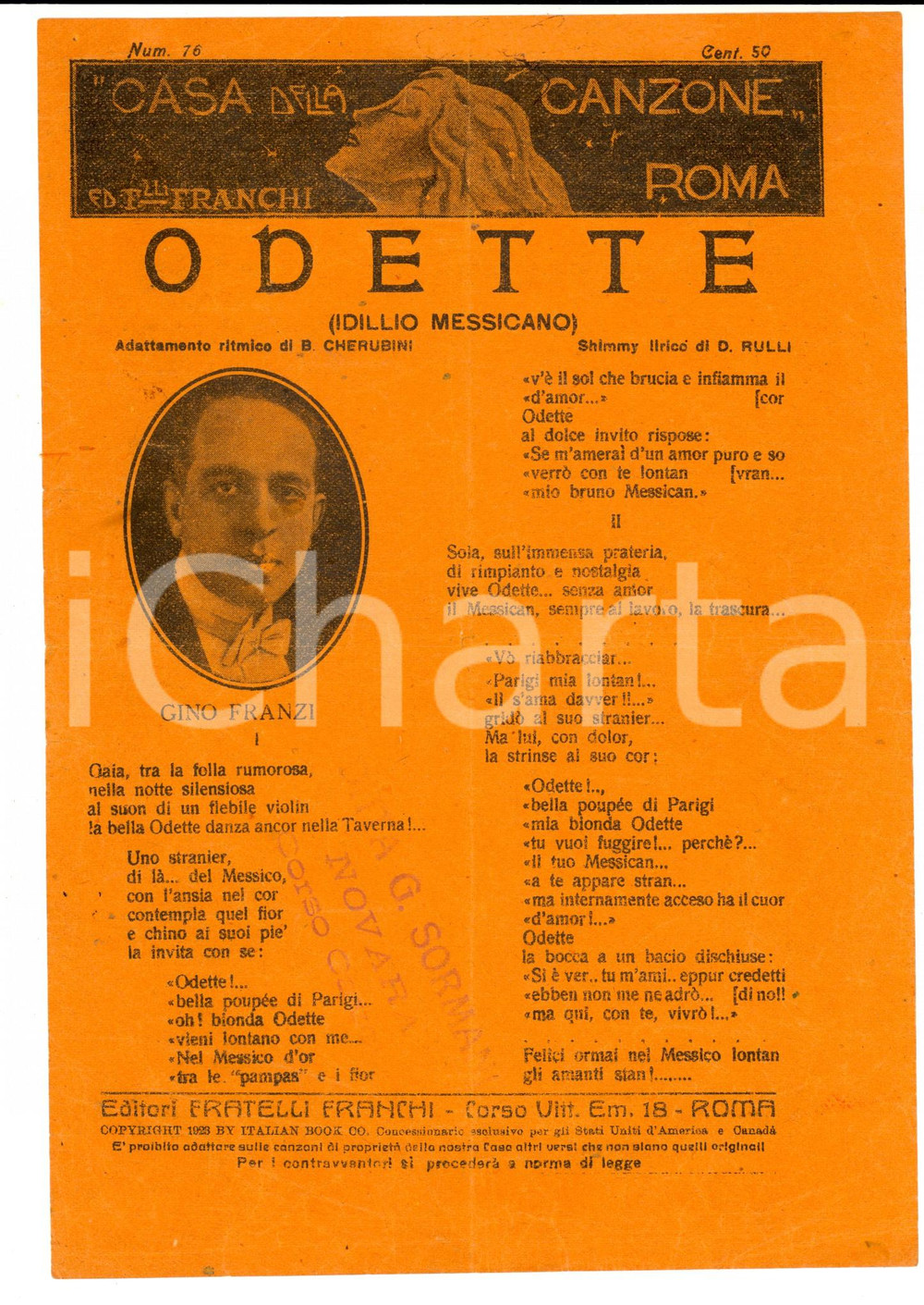Oggetto da collezione cartaceo 1923 Bixio CHERUBINI Dino RULLI Odette (Idillio messicano) *Spartito DANNEGGIATO 1