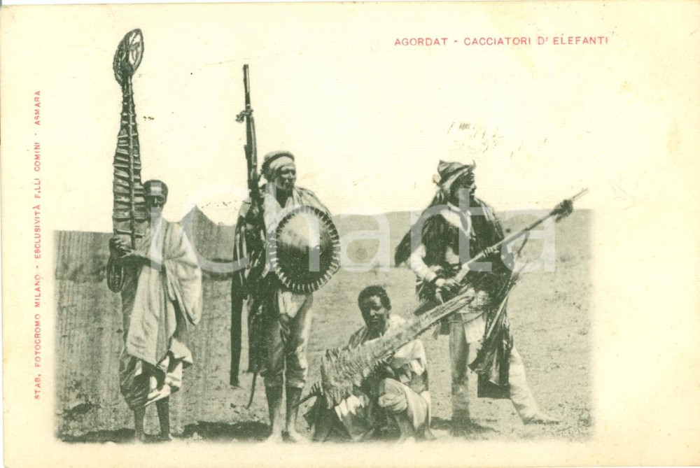 Cartolina originale da collezione 1902 AGORDAT (ERITREA) Gruppo cacciatori di elefanti *Cartolina FP VG 1