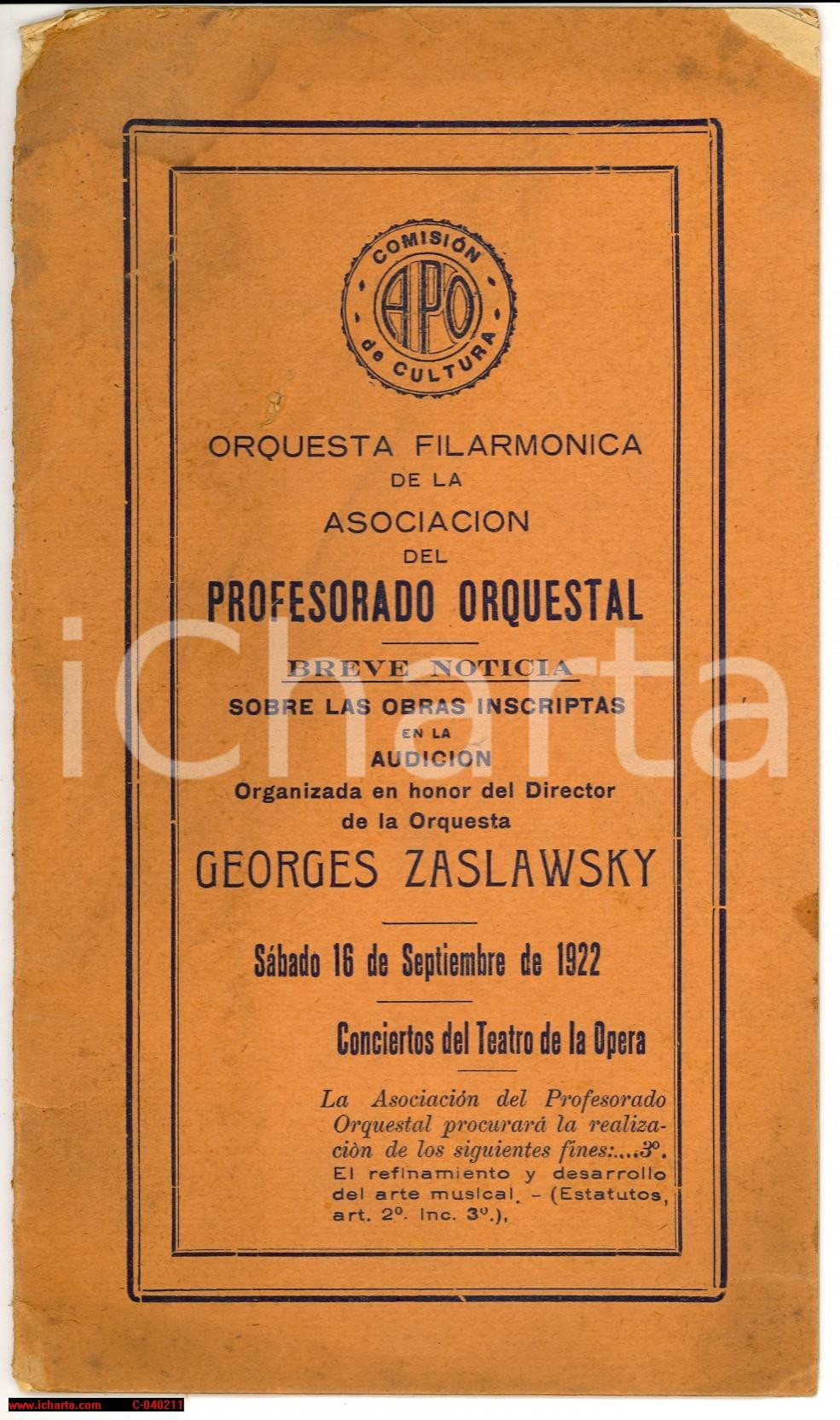 Materiale pubblicitario d’epoca 1922 BUENOS AIRES Audicion Orquesta GEORGES ZASLAWSKY 1