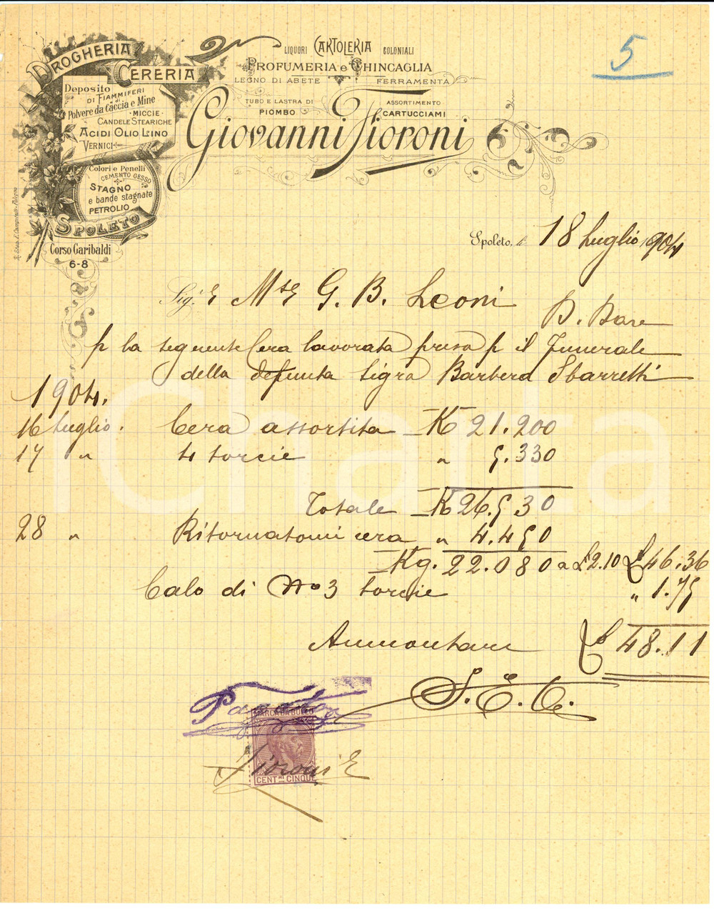Documento originale, autentico 1904 SPOLETO PG Ditta Giovanni FIORONI Drogheria Cereria Ferramenta Fattura 1