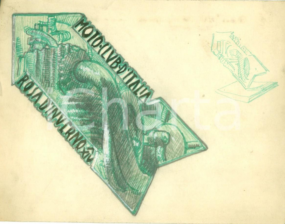 Stampa, bozzetto originale 1936 MILANO Motoclub d ITALIA Rosa d Inverno Bozzetto DISEGNATO A MANO 1