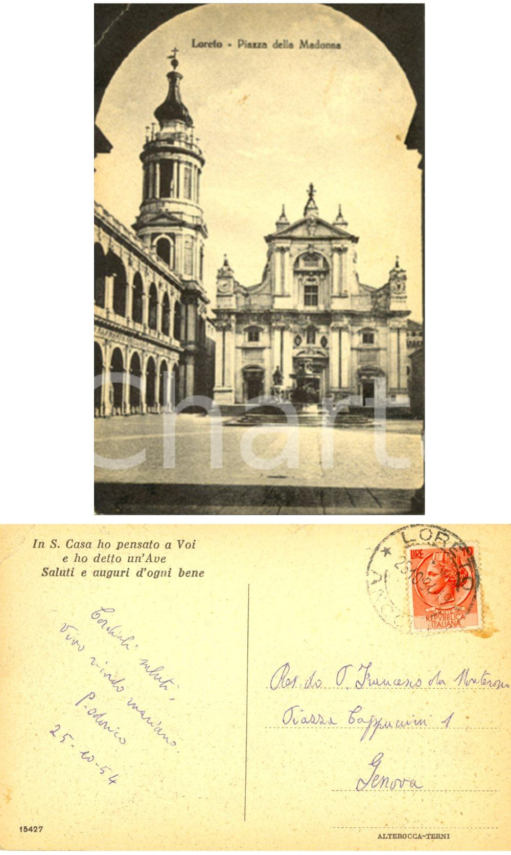 Cartolina originale da collezione 1954 LORETO Piazza della Madonna Padre Oderico a padre Francesco da MONTEROSSO 1