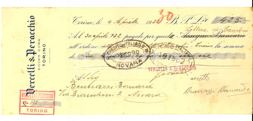 Oggetto da collezione cartaceo 1932 TORINO Ditta VERCELLI & PERACCHIO Docks Dora Assegno pubblicitario 1