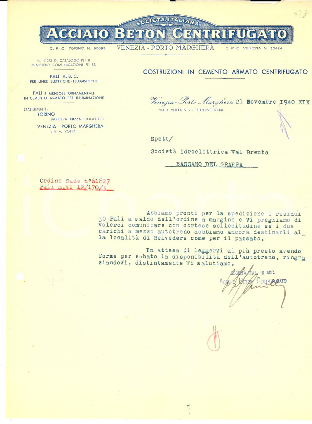 Documento originale, autentico 1940 VENEZIA MARGHERA SocietÃ  ACCIAIO BETON CENTRIFUGATO su vendita pali 1