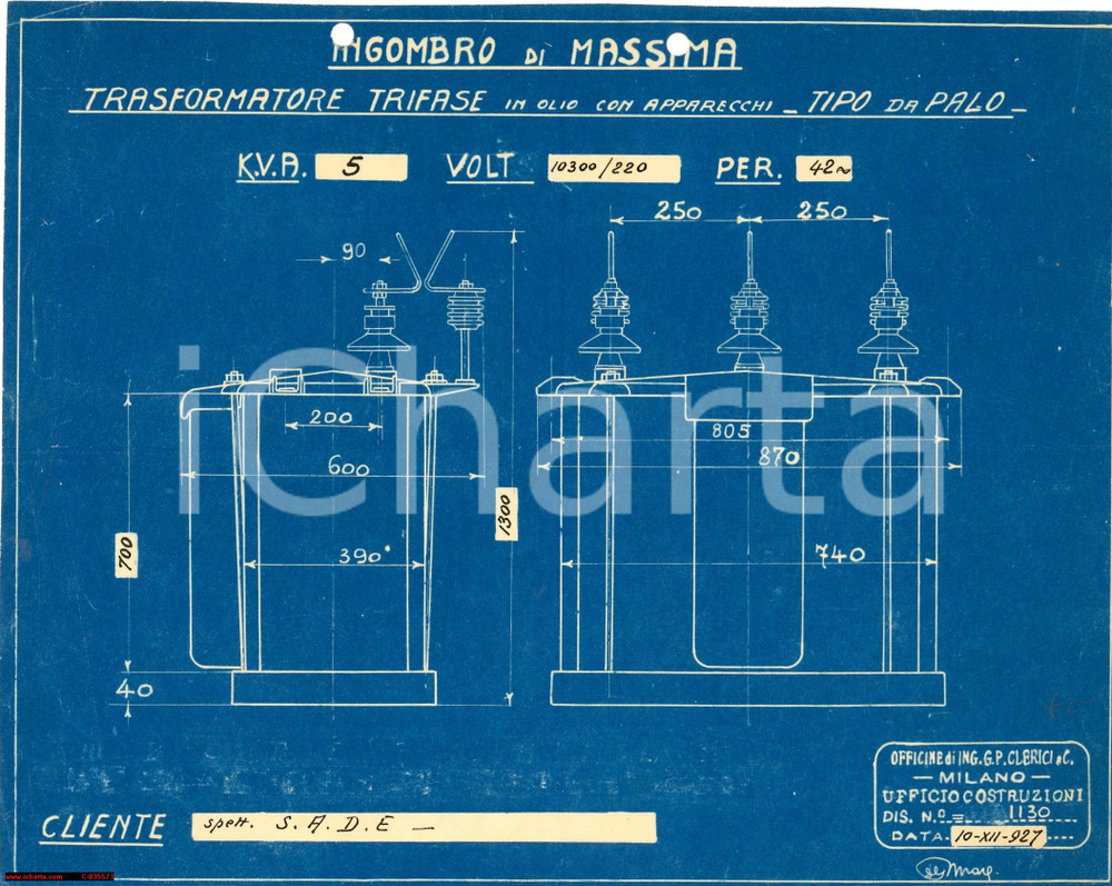 Stampa, bozzetto originale 1927 MILANO OFFICINE MECCANICHE CLERICI dis.tecnic 1
