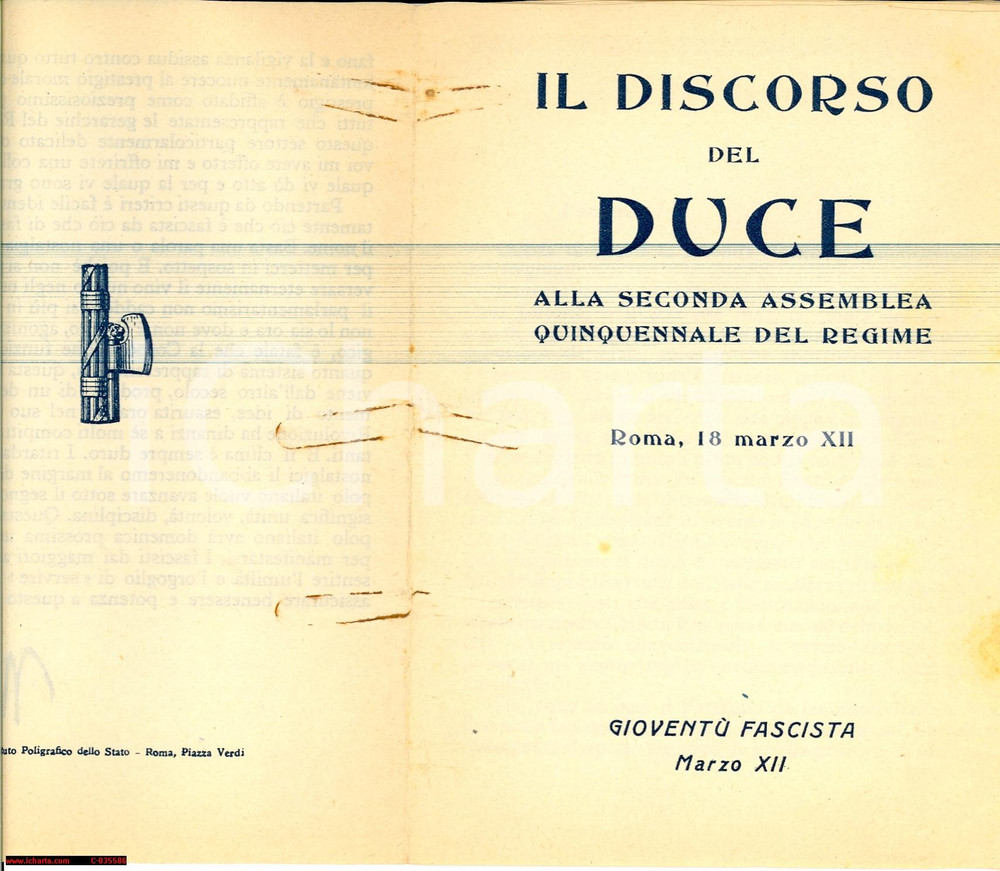 Documento originale, autentico 1934 Discorso DUCE seconda assemblea quinquennale 1