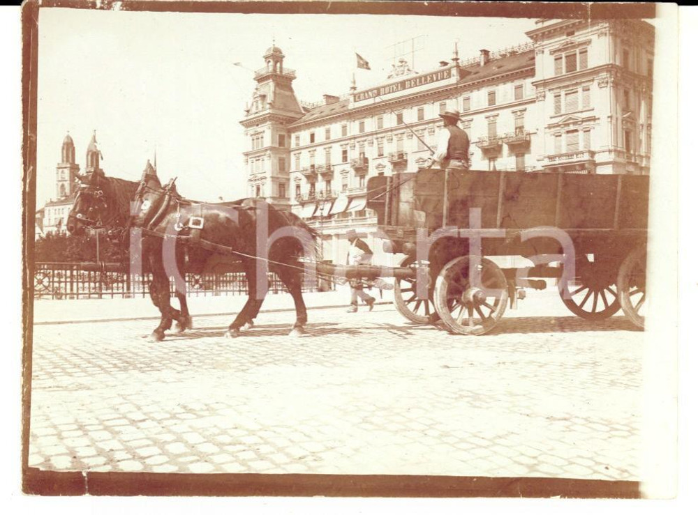 Fotografia d epoca originale 1910 ca ZURICH Veduta del GRAND HOTEL BELLEVUE con carrozza Foto 12x9 VINTAGE 1