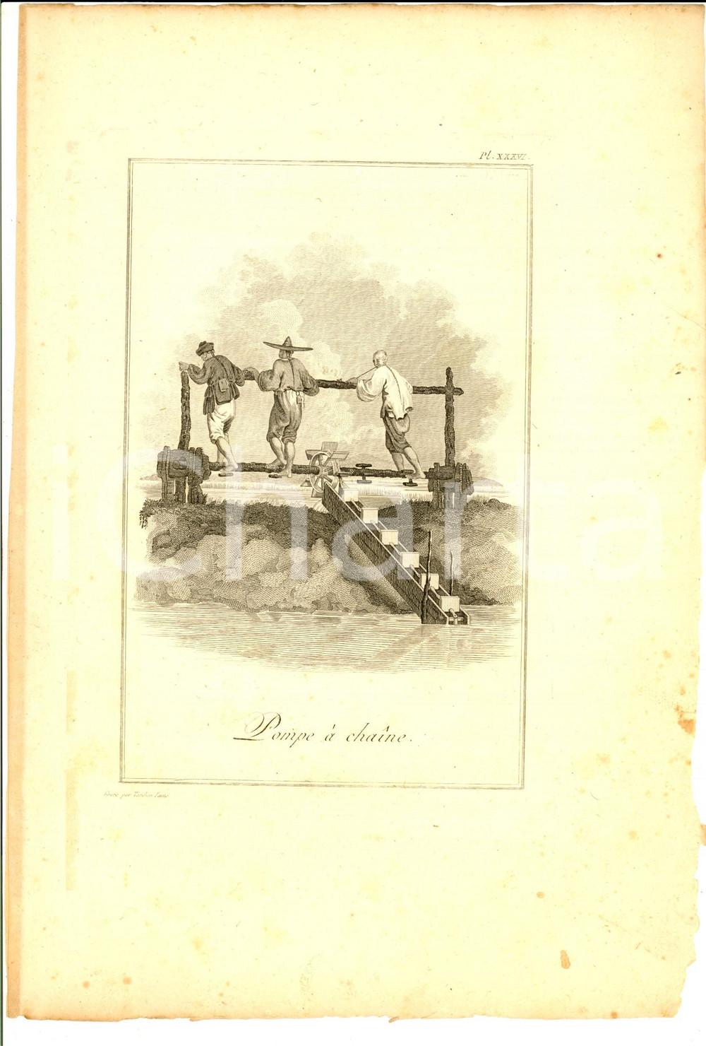 Stampa, bozzetto originale 1800 ca VOYAGE DANS L INTERIEUR DE LA CHINE Pompe à  chaine Gravure TARDIEU 1