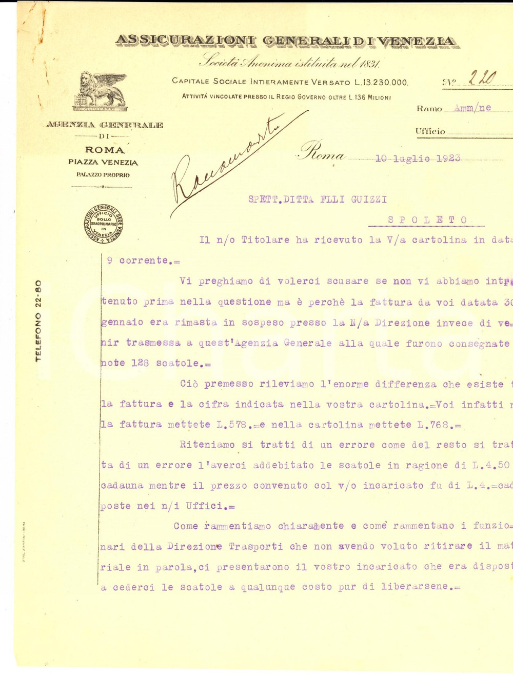 Documento originale, autentico 1923 ASSICURAZIONI GENERALI VENEZIA Agenzia di ROMA Lettera per errore conteggio 1
