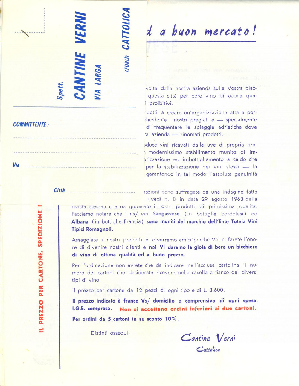 Materiale pubblicitario d’epoca 1960 ca CATTOLICA RN Cantine VERNI Pubblicità SANGIOVESE, ALBANA, VERDICCHIO 1