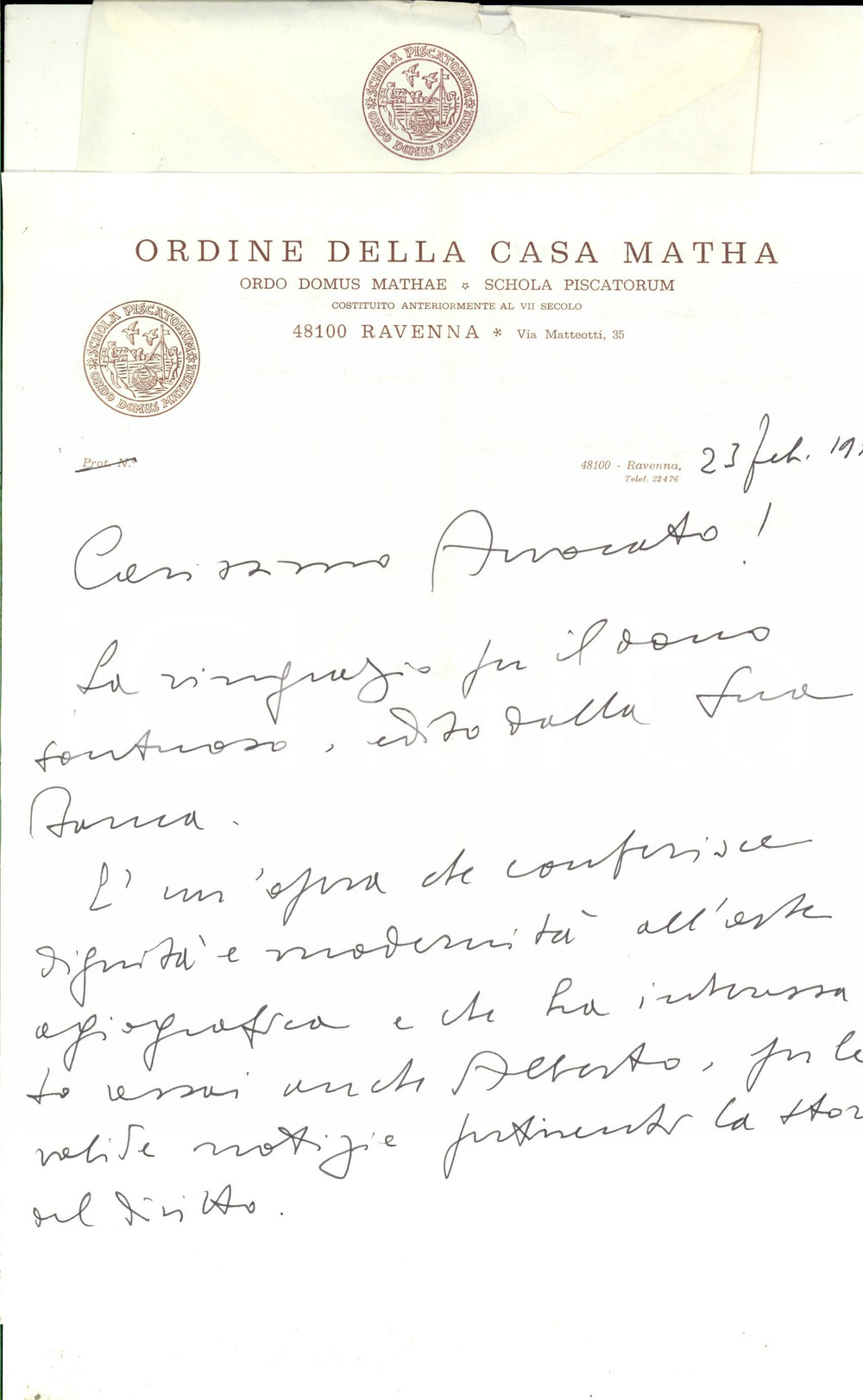 Autografo originale 1976 MASSONERIA RAVENNA Giordano GAMBERINI ringrazia per un libro Autografo 1