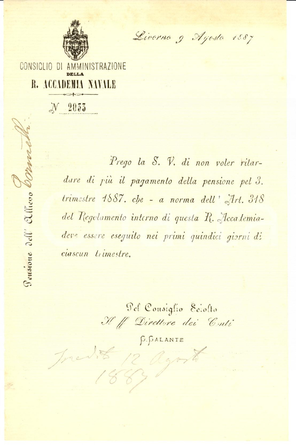 Documento originale, autentico 1887 ACCADEMIA NAVALE LIVORNO Pensione conte TORNIELLI 1