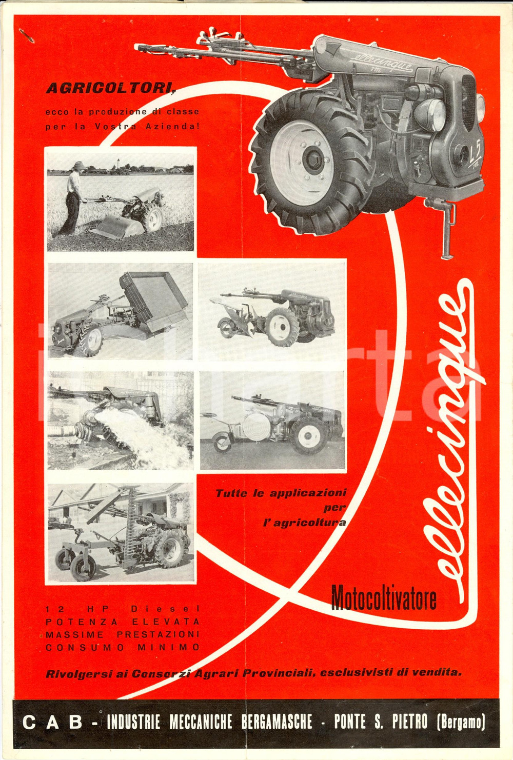 Materiale pubblicitario d’epoca 1955 ca PONTE SAN PIETRO BG CAB MECCANICA Motocoltivatori Ellecinque e Effetre 1